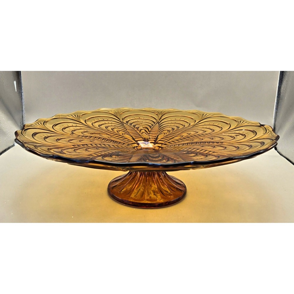 Vintage 60's Amber Pressed Glass Pedestal Cake Stand Scalloped Edge. B#36